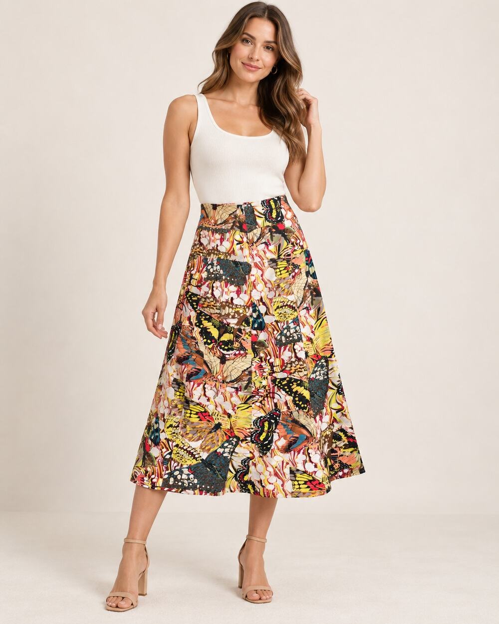 For Cynthia Butterfly Print Linen Blend Midi Skirt Women’s Small Colorful A-Line